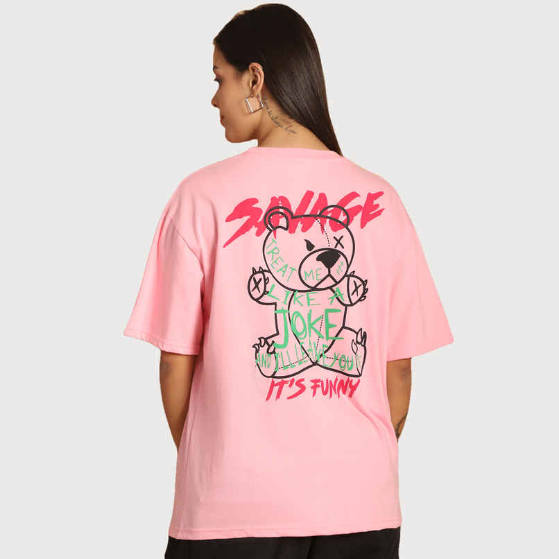 Fabflee Women Oversize Cotton Printed Round Neck Tshirt | Pink | FAB-OS-509 | S