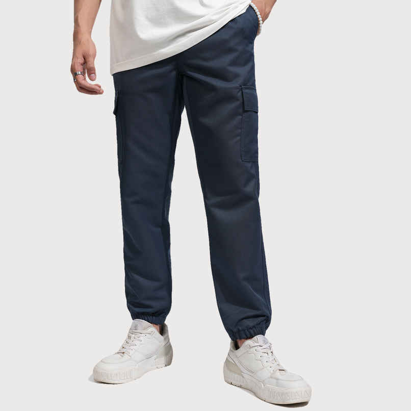 HIGHLANDER Men's Solid Regular Fit Mid-Rise Cargo-Style Joggers | Blue - 32