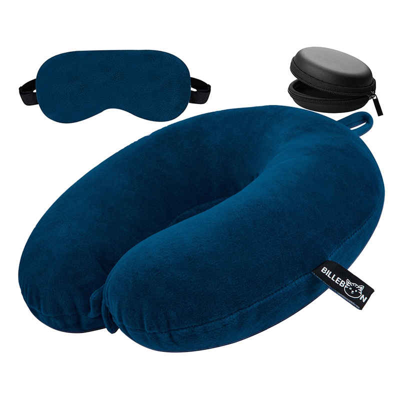 Billebon Unisex Solid Polyester Neck Pillow with Eye Mask | Blue - Free Size