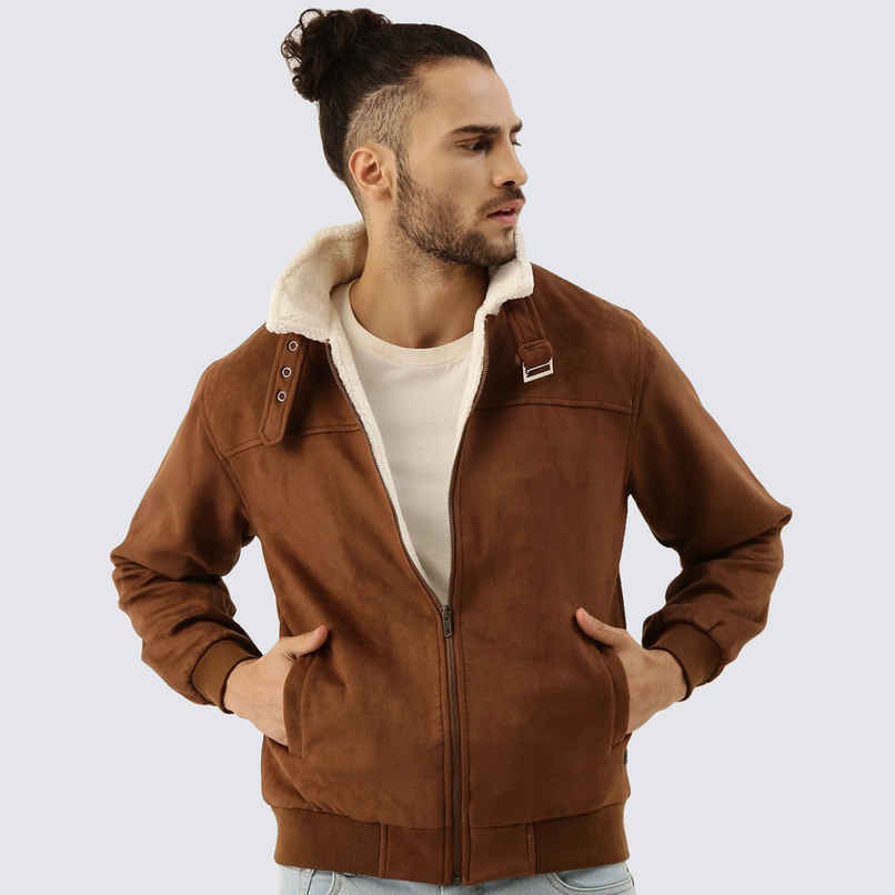 Campus Sutra Men's Zip - Front Jacket With Fleece Detail | Brown - S
