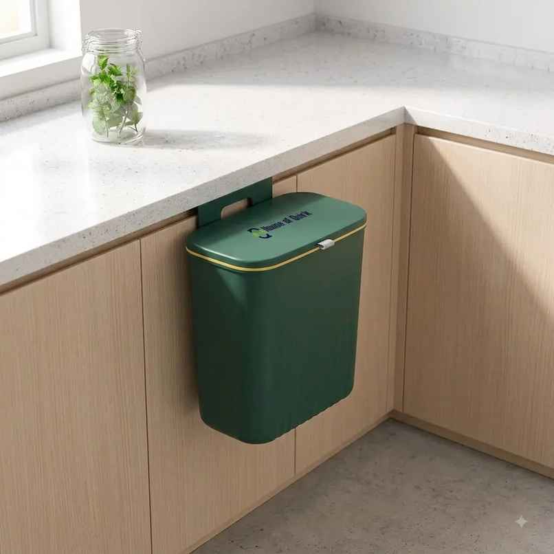 House of Quirk Plastic Hanging Trash Can with Lid Double Sided Open Design Cabinet Door | Green House of Quirk Plastic Hanging Trash Can with Lid Double Sided Open Design Cabinet Door | Green