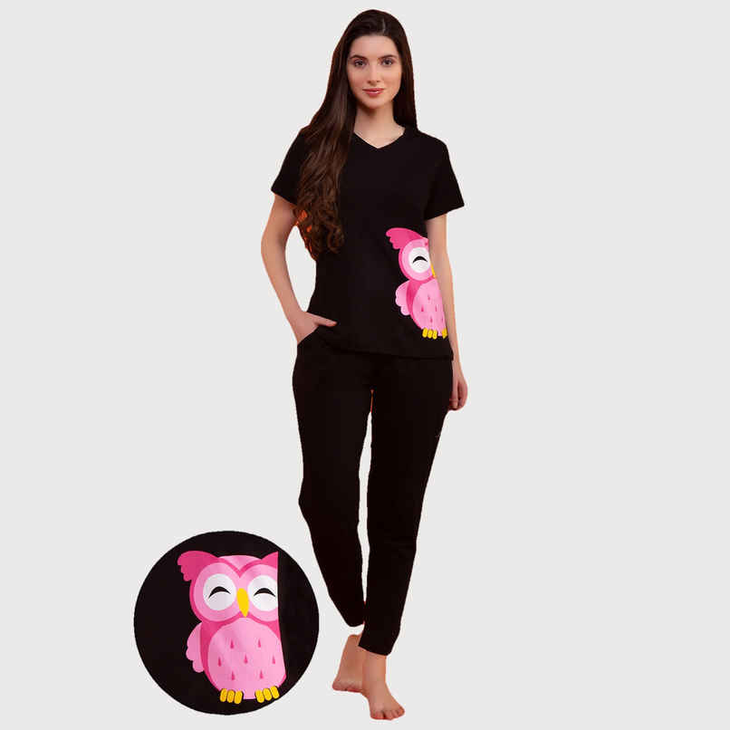Clovia Owl Print Top & Pyjama - 100% Cotton(Black - L)