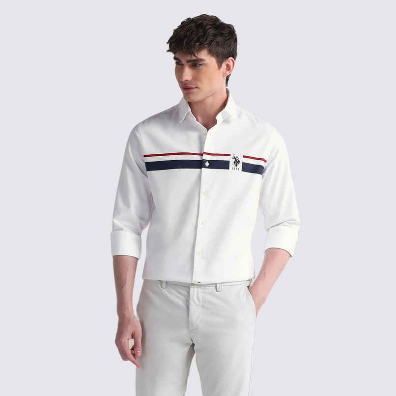 USPA Men's Shirt - Cotton Striped Casual Shirt - Tailored Fit - White - M