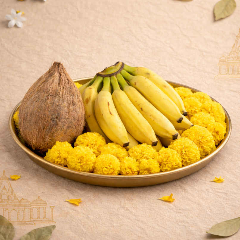 Coconut (1pc) & Banana Elaichi / Yelakki (500g) & Marigold Yellow Flower (100g) Combo