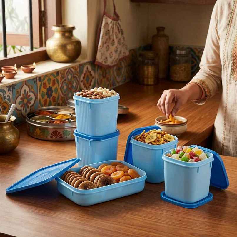 Joyo Plastics  Alfa Container 5 Pcs Set - 600ml x 4 ,750ml x1 (Assorted Design & Color)