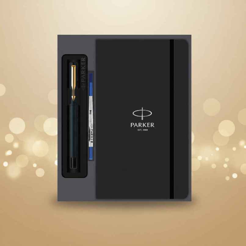 Parker Vector Matte Black Gold Trim Roller Ball Pen & Notebook | A Thoughtful Gift Set for Teachers