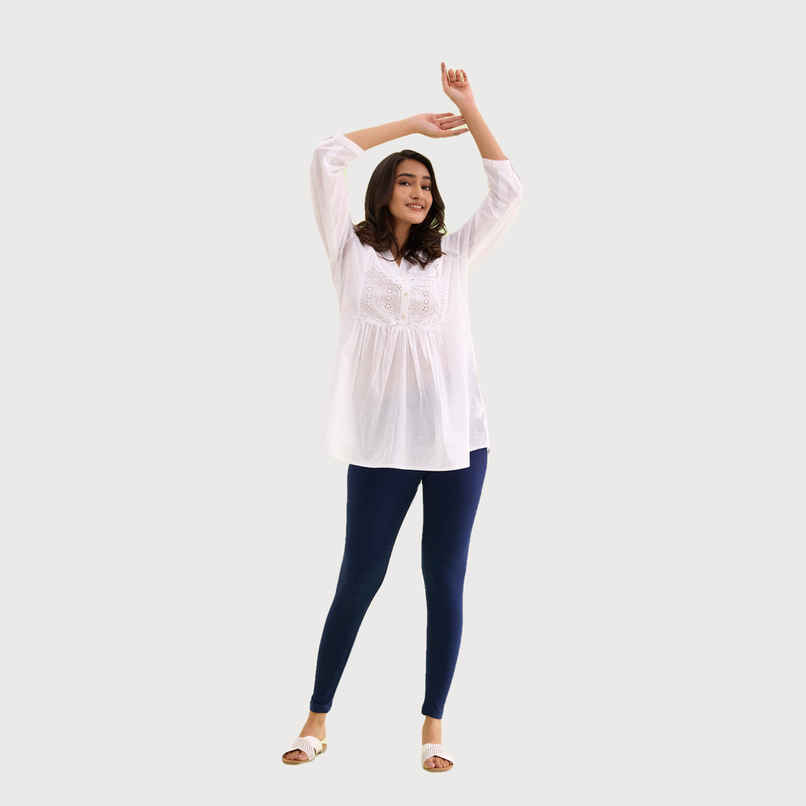 Go Colors Women's Solid Mid Rise Ankle Length Leggings | Navy - L