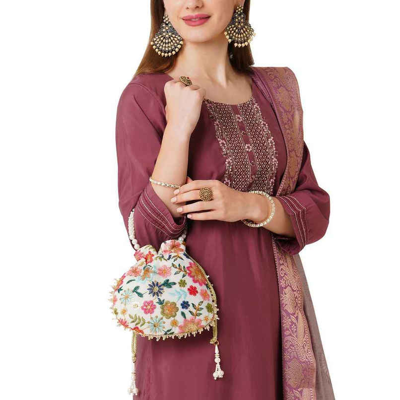 Lavie Women's Jiya Floral Embroidered Potli | White Lavie Women's Jiya Floral Embroidered Potli | White
