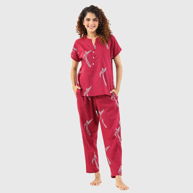 Sanskrutihomes Conversational Printed Mandarin Collar Pure Cotton Night Suit | Magenta - M Sanskrutihomes Conversational Printed Mandarin Collar Pure Cotton Night Suit | Magenta - M