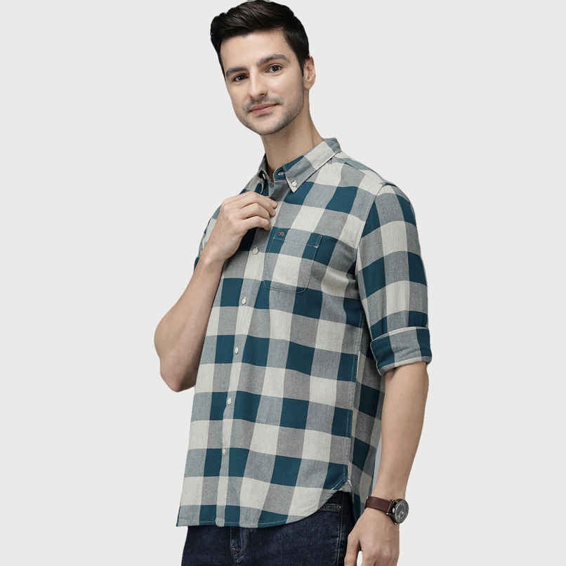 The Bear House Men Pure Cotton Checked Slim Fit Flannel Shirt Style-Juul Color -Teal Size - M The Bear House Men Pure Cotton Checked Slim Fit Flannel Shirt Style-Juul Color -Teal Size - M