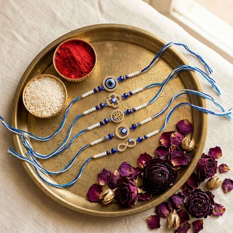 Rakhi for Brother | Blue Beads Pearl Evil Eye Designer | Includes Roli Chawal | Pack of 5 | Ecraftindia Rakhi for Brother | Blue Beads Pearl Evil Eye Designer | Includes Roli Chawal | Pack of 5 | Ecraftindia