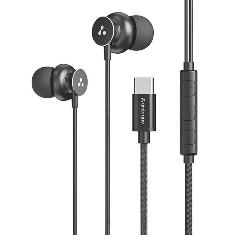 Ambrane Type C Wired Earphones With In-Line Mic, 10Mm Drivers, Control Buttons (Stringz 38C, Black)