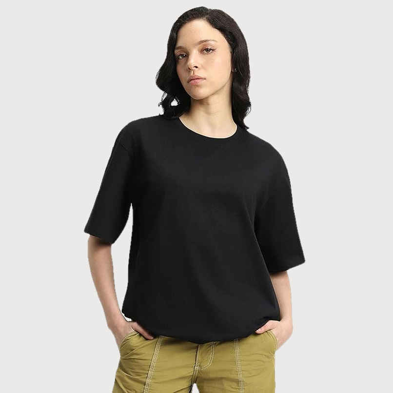 Juneberry Black Oversized Fit Round Neck T-shirt for Women - L