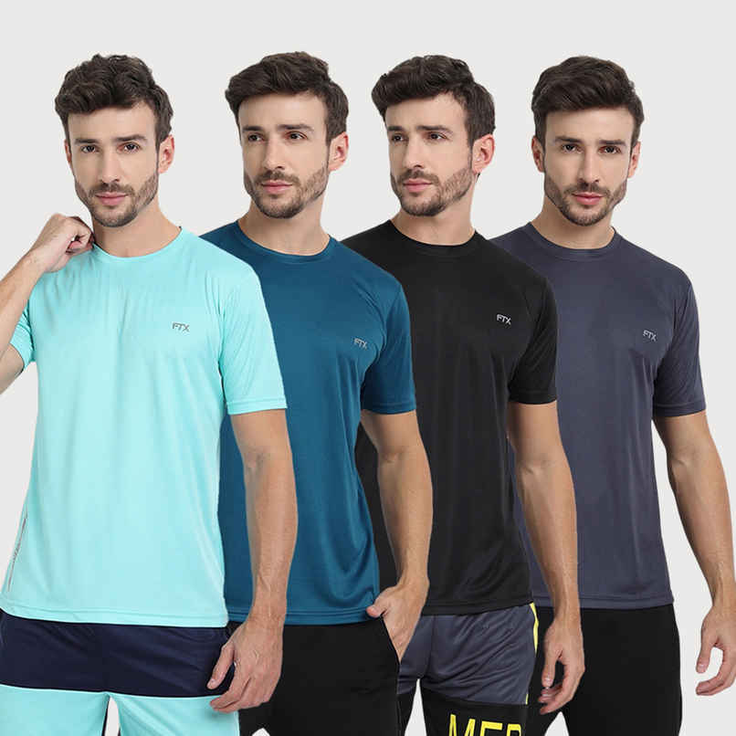 FTX Men s Solid Round Neck Polyester Half Sleeve Casual T-shirt | Black-Airforce-Grey-Aqua Blue | L