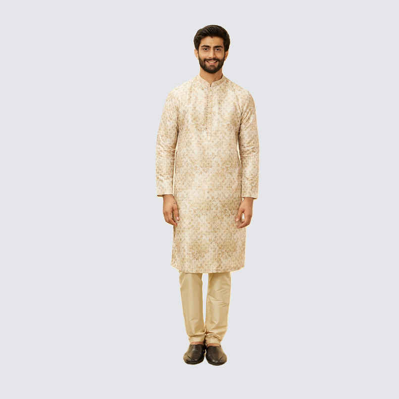 Manyavar Beige Art Silk Self Design Kurta Set | M