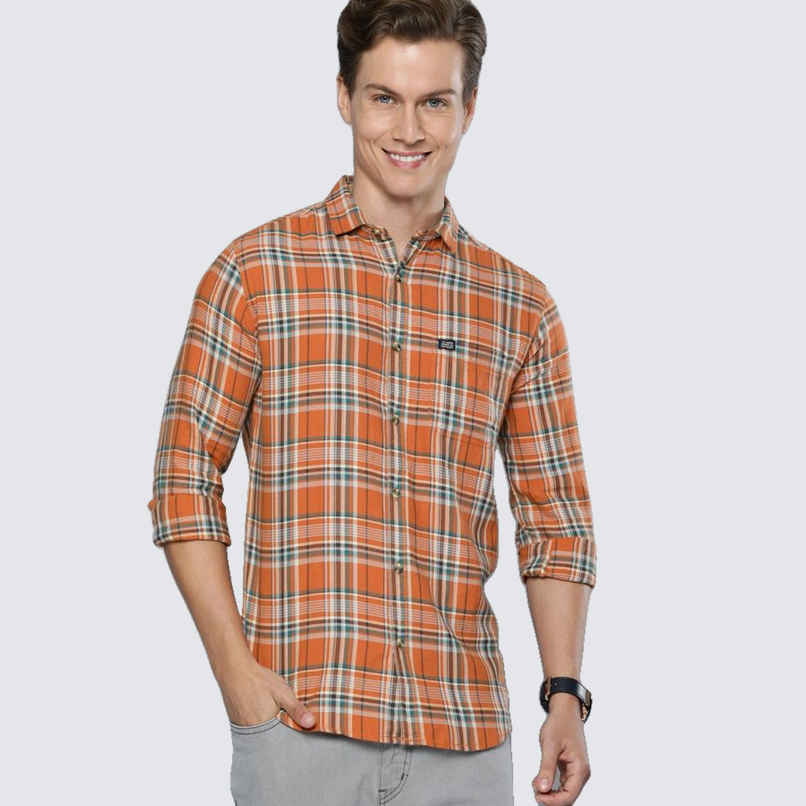 The Indian Garage Co Men's Slim Fit Checked Casual | Orange | S