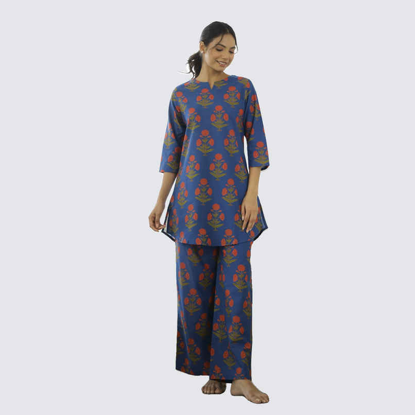 Sanskrutihomes Floral Printed Pure Cotton Night Suit | Blue - L Sanskrutihomes Floral Printed Pure Cotton Night Suit | Blue - L