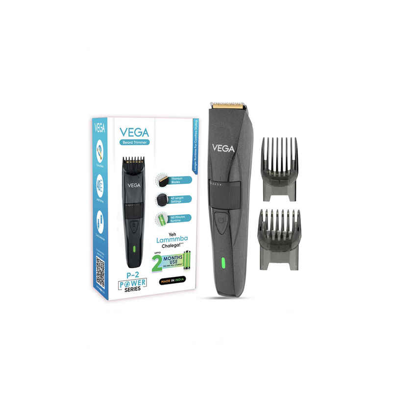 VEGA P-2 Beard Trimmer for Men with 160 Min Runtime, 2 Comb Attachment, Type-C Fast Charging VHTH-26
