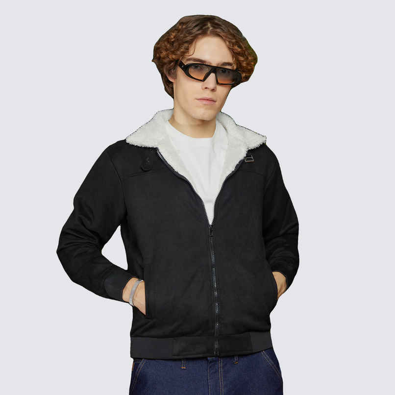 Campus Sutra Men's Fleece-Lined Bomber Jacket | Raven Black & Chalk White - S