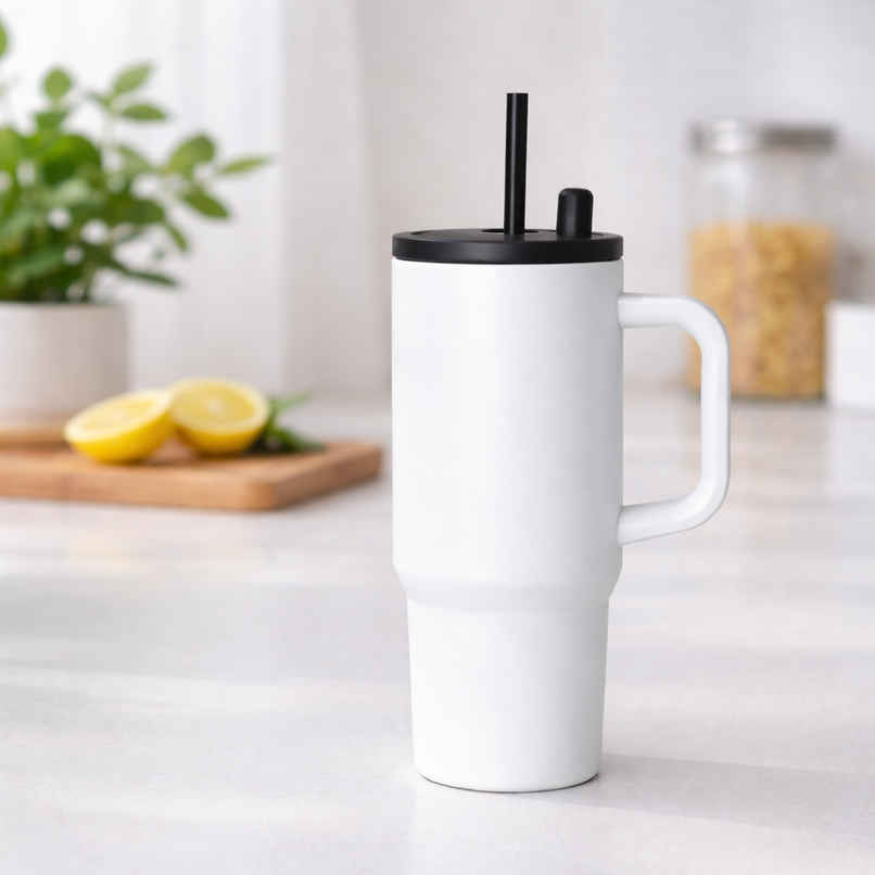 DesignLand Insulated Travel Mug with Handle and Straw Lid Leakproof Tumbler White | 1200 ml