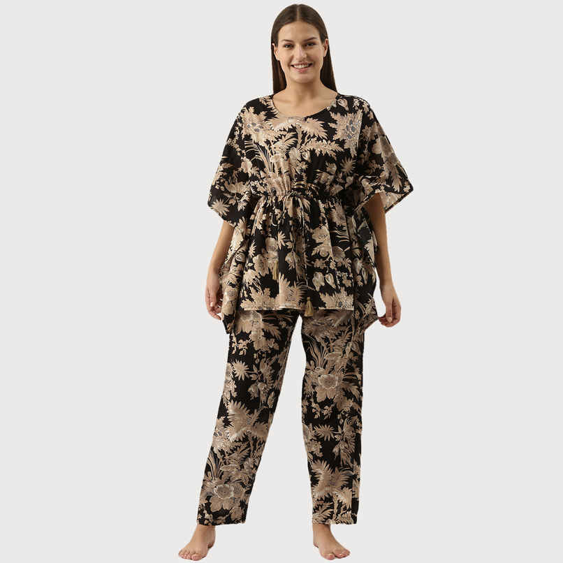 Sanskrutihomes Women's Pure Cotton Night suits | SE-KFP-001 | Black - S