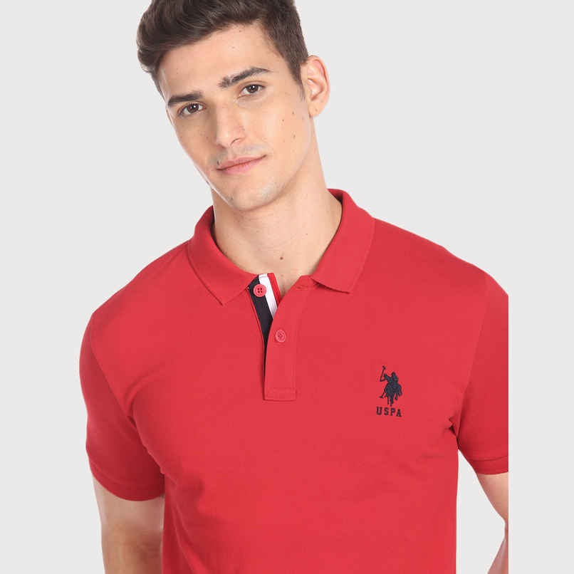 USPA Solid Pique Cotton Polo T Shirt For Men - Red - L