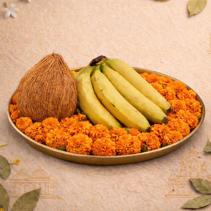 Coconut Pooja (1pc) & Banana Robusta (4pc) & Marigold Orange (100g) Combo