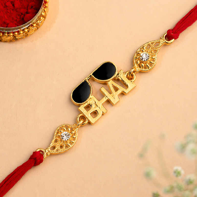 Red Golden Black Bhai Goggle Designer Rakhi with Roli Chawal for Brother | Pack of 1 | Ecraftindia