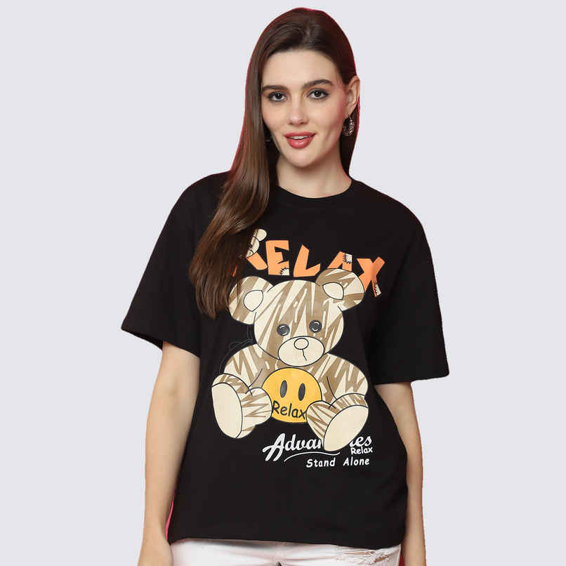 Fabflee Women Oversize Cotton Printed Round Neck Tshirt | Black | FAB-OS-520 | XL