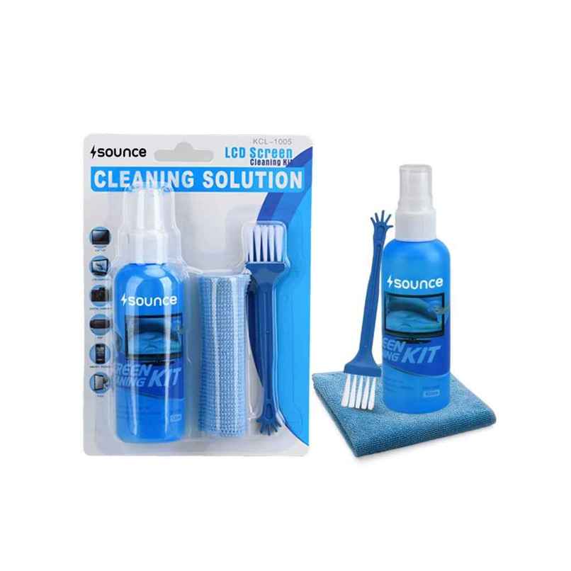 Sounce 3 in 1 Cleaning Set for Screen PC, Laptops, Monitors, Mobiles, LCD, LED, TV/Professional Quality/Prevents Static Electricity, 100ml with Micro Fiber Cloth and Soft Brush