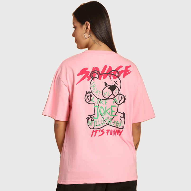 Fabflee Women Oversize Cotton Printed Round Neck Tshirt | Pink | FAB-OS-509 | M
