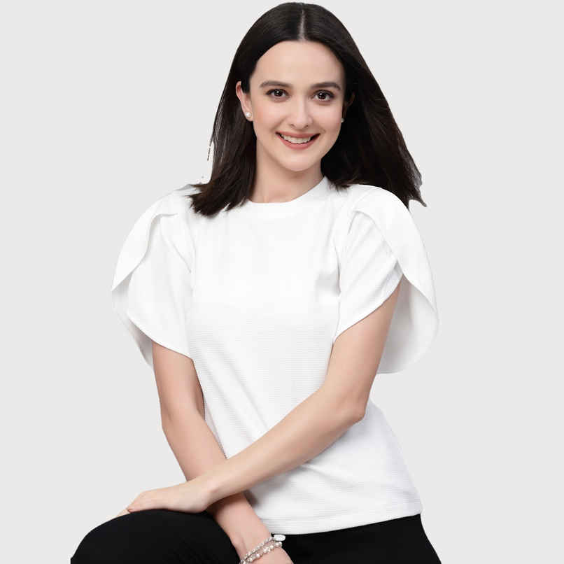 Style Quotient Women White Poly Knit Smart Casual Top | S | SS23SQDIVINE - White Style Quotient Women White Poly Knit Smart Casual Top | S | SS23SQDIVINE - White