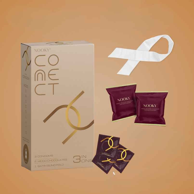 Nooky CONNECT 3 in 1 Intimacy Condom Kit Condom Chocolate and Blindfold