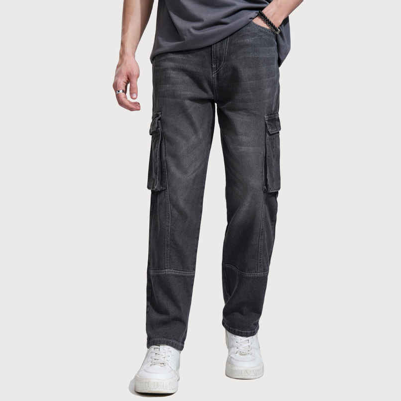 Highlander Men's Charcoal High Rise Straight Fit Cargo Jeans | Grey - 32