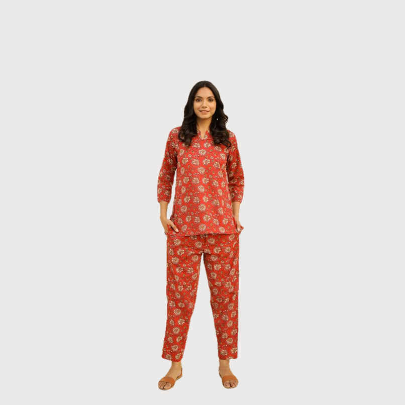 Sanskrutihomes Women's Printed Pure Cotton Night Suit | Red - S