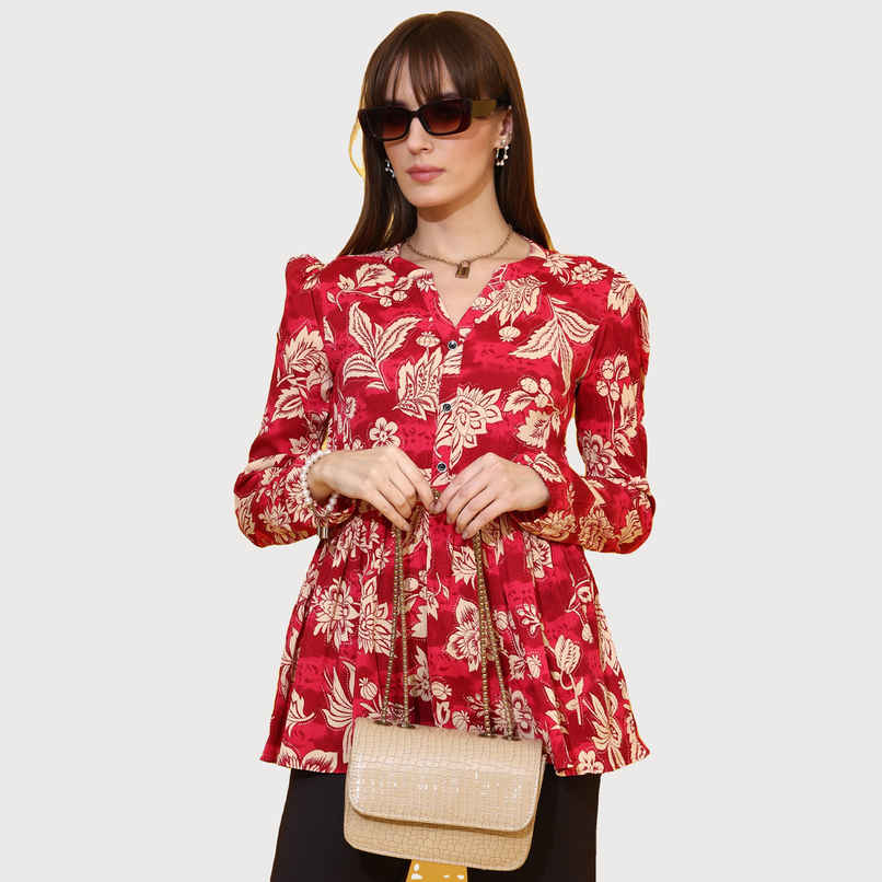 Sheetal Women's Floral Printed Mandarin Collar Peplum Crepe Top | 5204 | Red - XL Sheetal Women's Floral Printed Mandarin Collar Peplum Crepe Top | 5204 | Red - XL