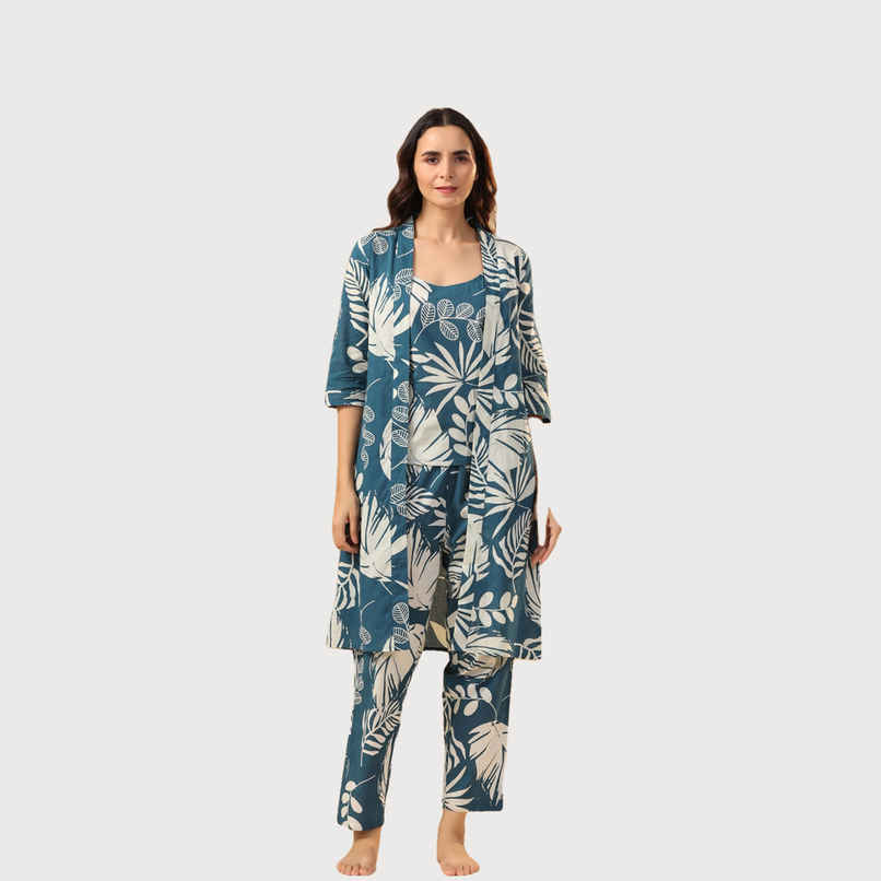 Sanskrutihomes Teal 3 Pieces Floral Printed Pure Cotton Night Suit | Teal - S