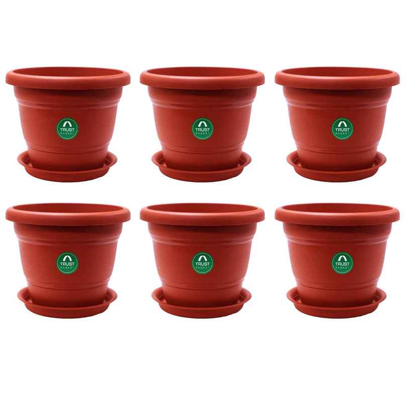 Cylindrical Plastic Plant Pot With Saucer | 8 inch | Brown