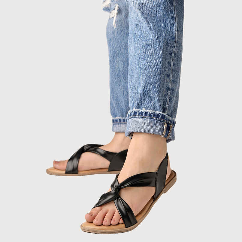 Shoetopia Cross Strap Black Flat Sandals For Women | UK 7