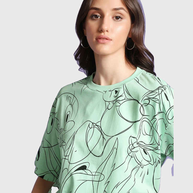 Bewakoof Women's Official Looney Tunes Merchandise All Over Printed Oversized T-shirt | Green - S