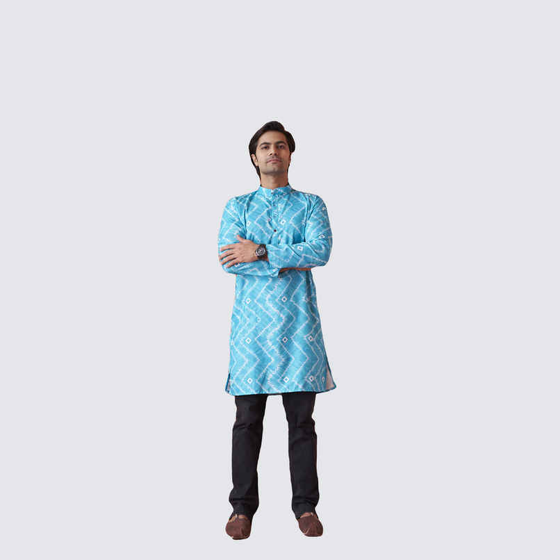 House Of Festivals Men's Printed Cotton Blend Tie & Die Look Long Kurta | Blue - S House Of Festivals Men's Printed Cotton Blend Tie & Die Look Long Kurta | Blue - S
