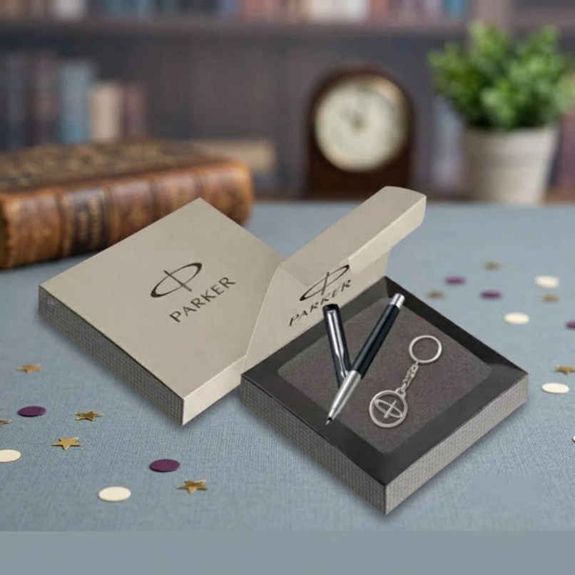 Parker Vector Standard Chrome Trim Roller Ball Pen & Silver Key Chain | Gift Set