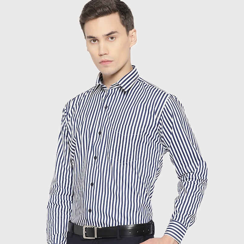 Hancock Men's Striped Spread Collar Long Sleeves Pure Cotton Formal Shirt - White & Navy | 40