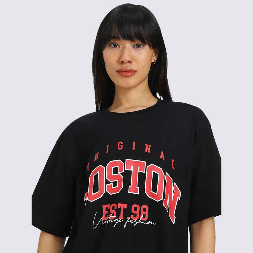 Juneberry Black Print Typography Oversized fit Tshirt for Women - L