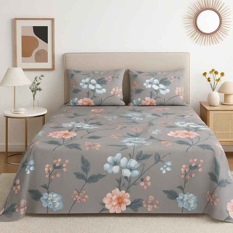 Elegant Weavers Sofia Double Cotton Floral Bedsheet | With 2 Pillow Covers | Grey | 85 x 91 in