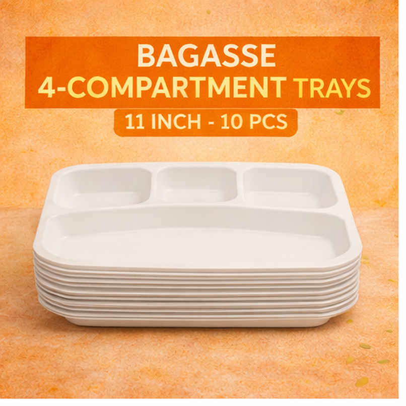 Disposable Bagasse Plates | 4 Compartment | 11 inch | Ezee Disposable Bagasse Plates | 4 Compartment | 11 inch | Ezee