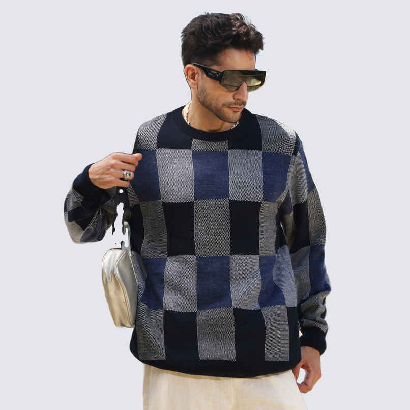 Campus Sutra Men's Block Check Pullover Sweater | Blue - XL