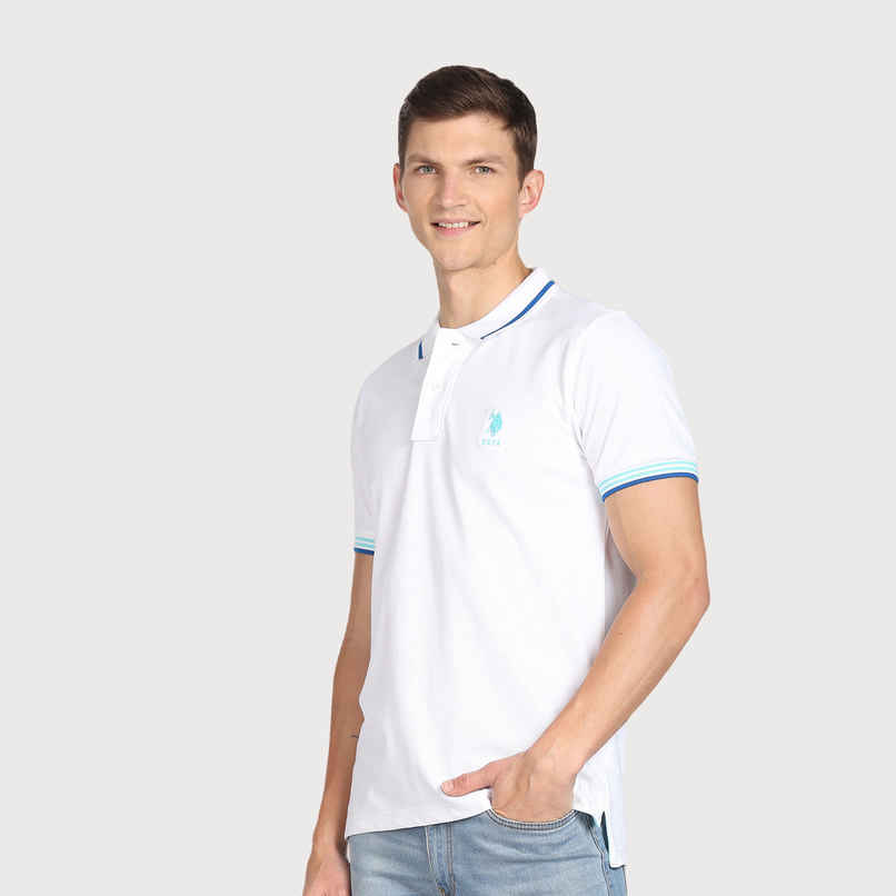 USPA Men's Striped Hem Cotton Polo T Shirt - Regular Fit - White - M USPA Men's Striped Hem Cotton Polo T Shirt - Regular Fit - White - M