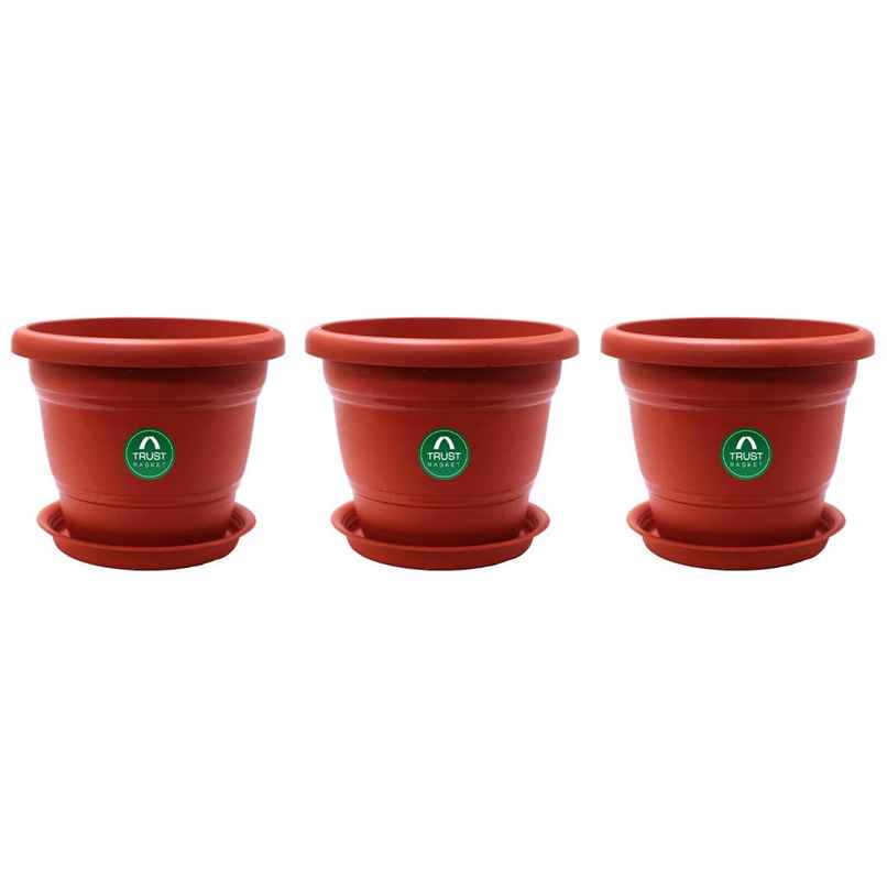 Round Plastic Plant Pot With Saucer | 14 x 11.81 x 7.81 inch | Brown