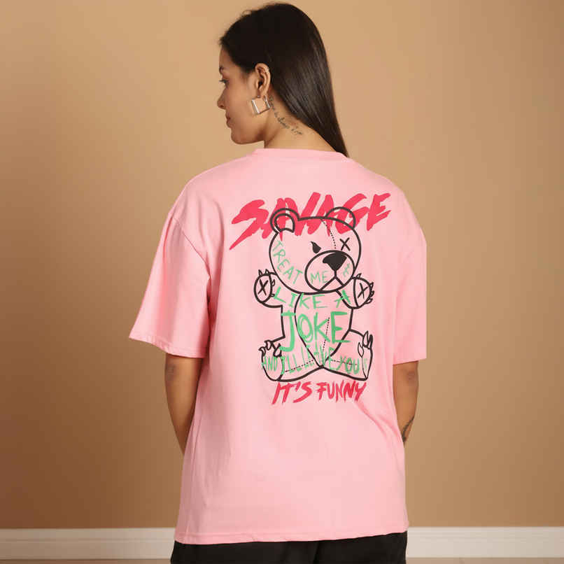Fabflee Women Oversize Cotton Printed Round Neck Tshirt | Pink | FAB-OS-509 | XL